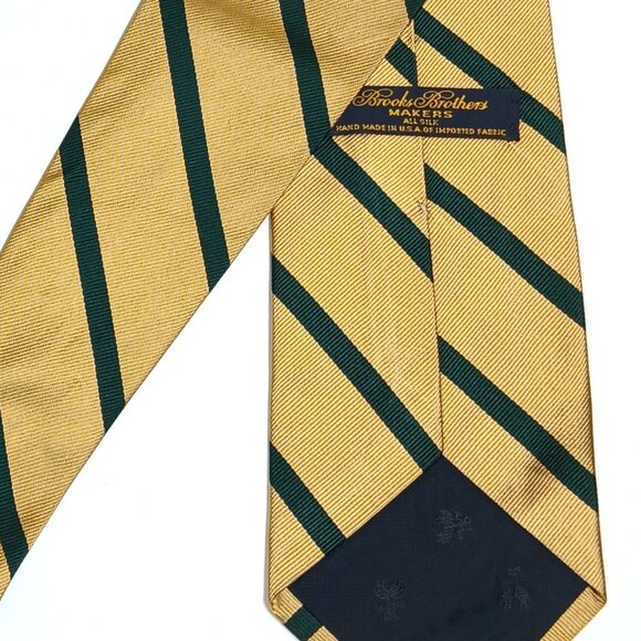 Brooks Brothers Silk Repp Tie Men’s 59” Gold Green Woven Stripe Preppy Wide New - Picture 4 of 4